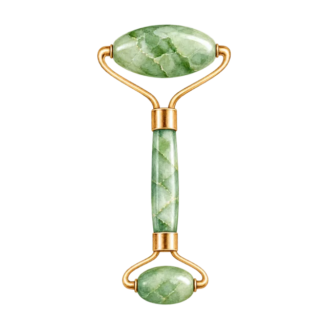 Watercolor-style illustration of green stone double ended facial roller