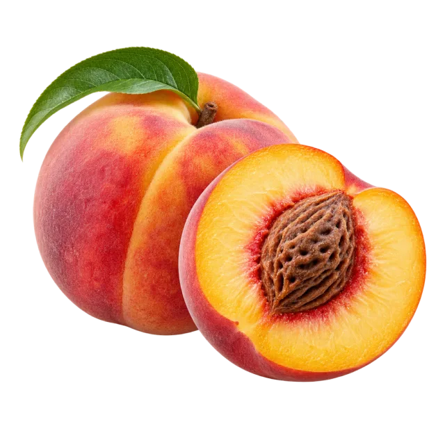 A red and yellow peach with a leaf beside a cut half showing its textured stone