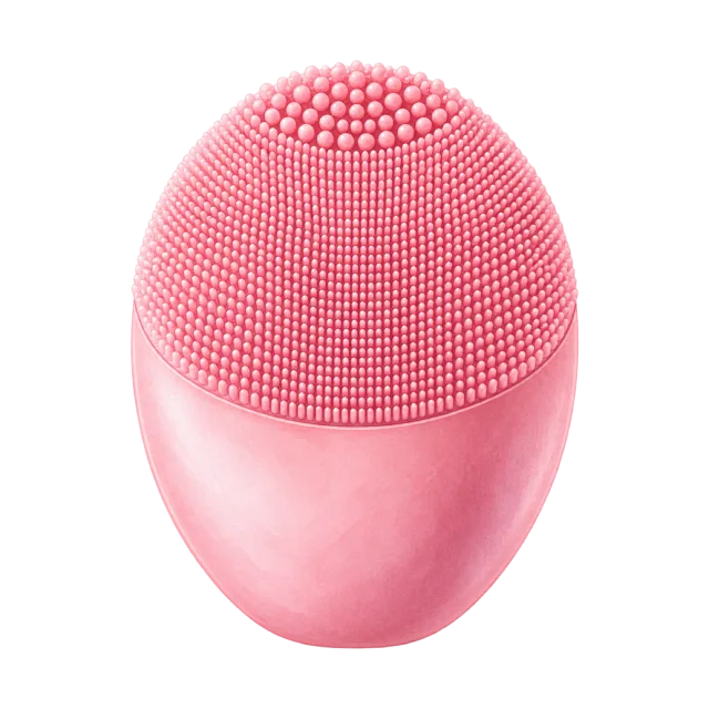 Watercolor-style illustration of pink silicone facial cleansing brush