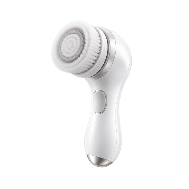 3D-style illustration of white facial cleansing device with soft brush head