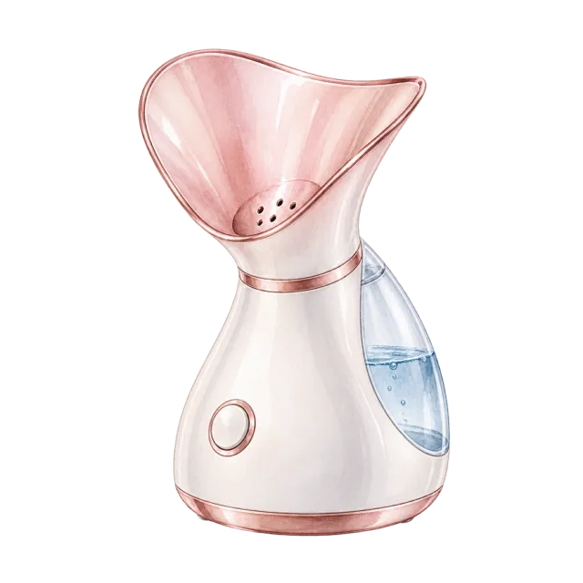 Watercolor-style illustration of small facial steamer with water tank