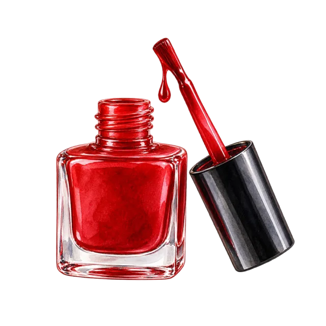 Watercolor-style illustration of red nail polish bottle and brush