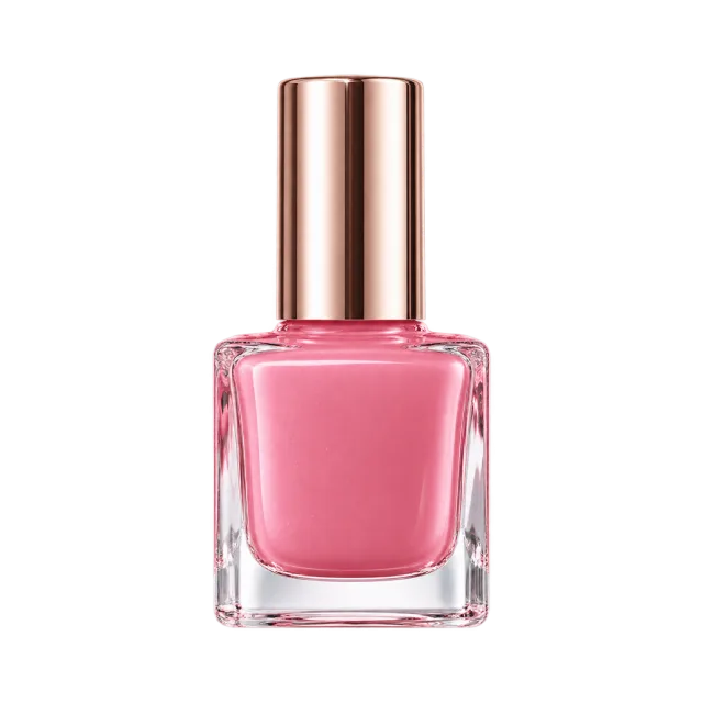 3D-style illustration of pink nail polish in square glass bottle
