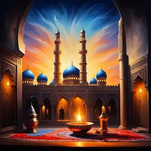 Glowing mosque seen through an ornate archway beneath a blue and gold sky