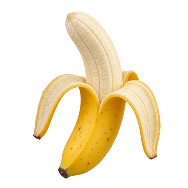 An upright banana with pale flesh exposed above three folded yellow peel sections