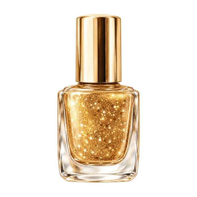Watercolor-style illustration of gold glitter nail polish bottle