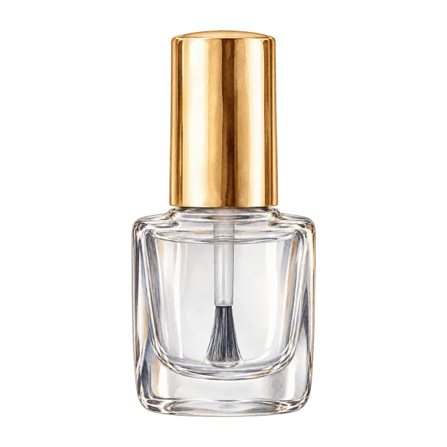 Watercolor-style illustration of clear top coat nail polish bottle