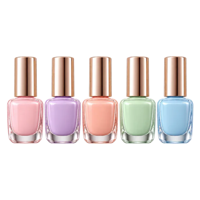 3D-style illustration of five pastel nail polish bottles in a row