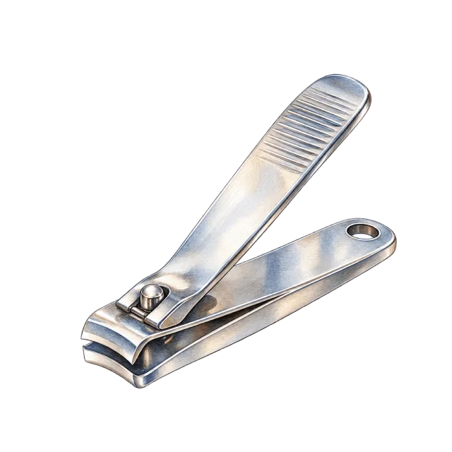 Watercolor-style illustration of stainless steel nail clippers
