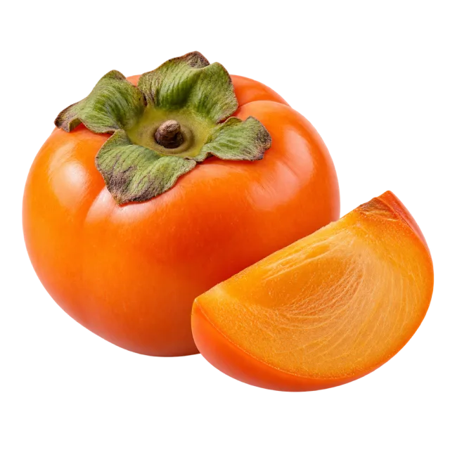 A glossy orange persimmon with green-brown sepals beside an orange fruit wedge