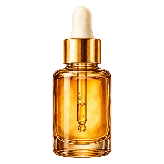 Watercolor-style illustration of amber cuticle oil bottle with dropper
