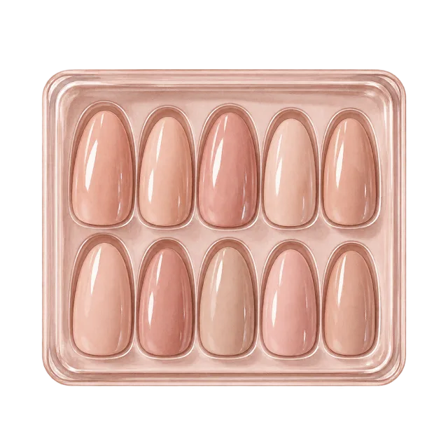 Watercolor-style illustration of press on nude nails arranged in display tray