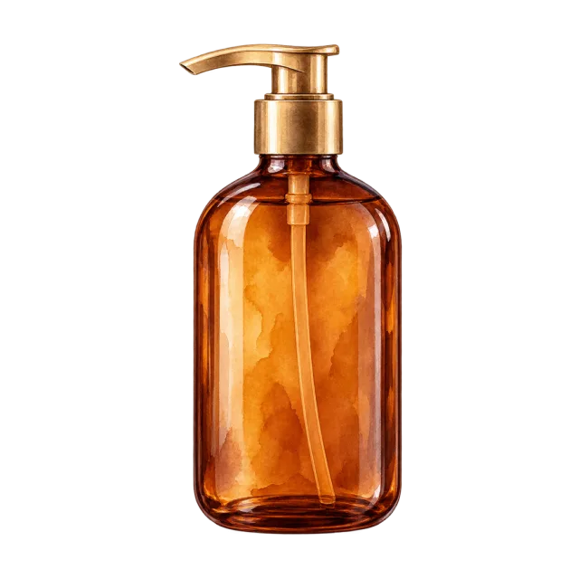 Watercolor-style illustration of amber shampoo pump bottle