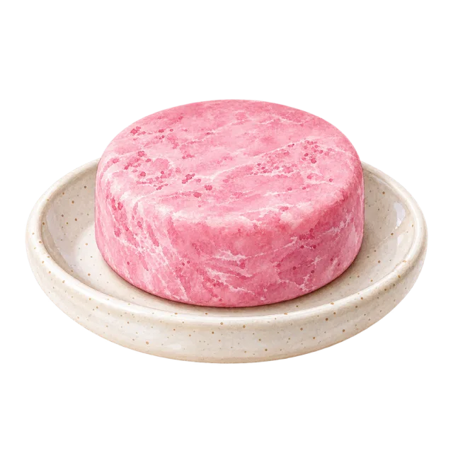 Watercolor-style illustration of pink shampoo bar on ceramic dish