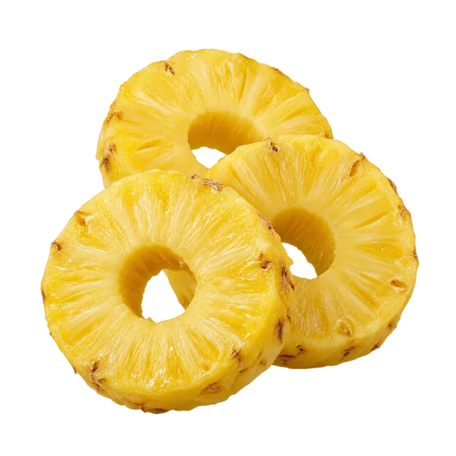 Three overlapping yellow pineapple slices with round centers removed
