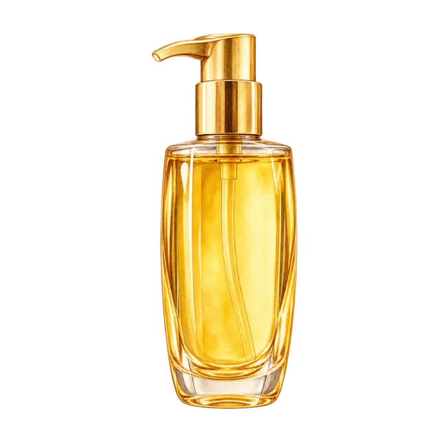 Watercolor-style illustration of golden hair oil in clear pump bottle