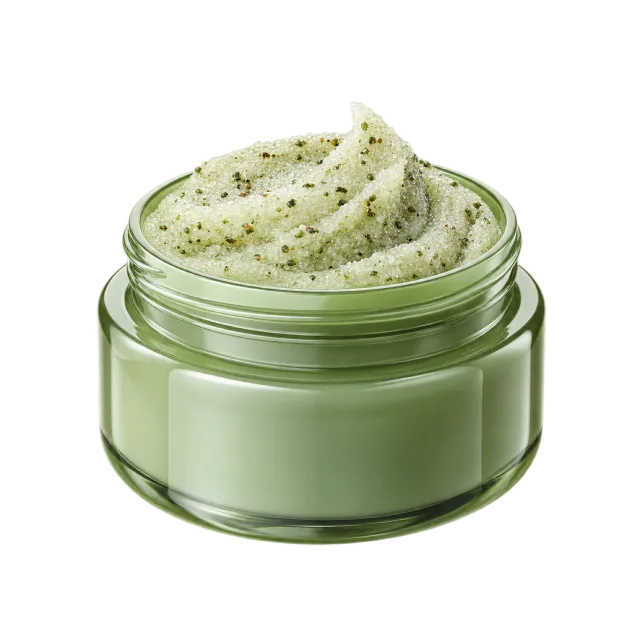 3D-style illustration of scalp scrub in open green jar