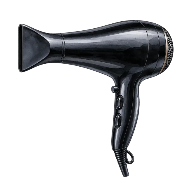 Watercolor-style illustration of black salon hair dryer with concentrator nozzle