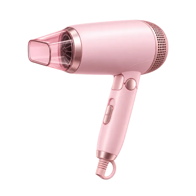 3D-style illustration of pink folding travel hair dryer