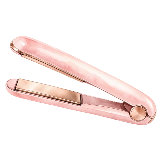 Watercolor-style illustration of ceramic hair straightener slightly open