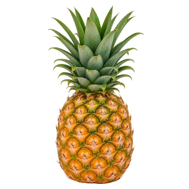 A whole golden pineapple with textured skin and a tall spiky green crown