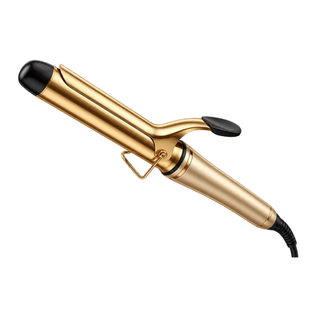 3D-style illustration of gold curling iron with clamp