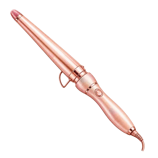 Watercolor-style illustration of rose gold curling iron
