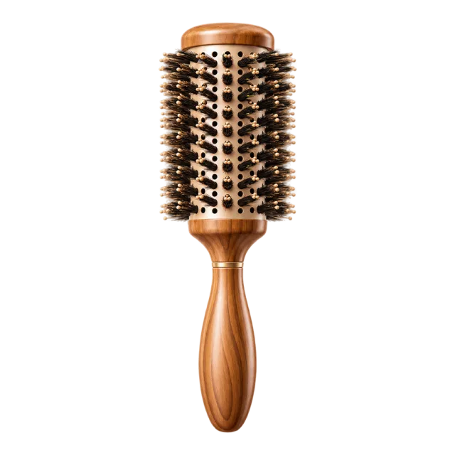 3D-style illustration of round wooden blow dry hair brush