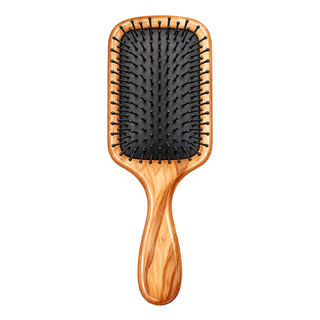 Watercolor-style illustration of wide paddle hair brush with black cushion