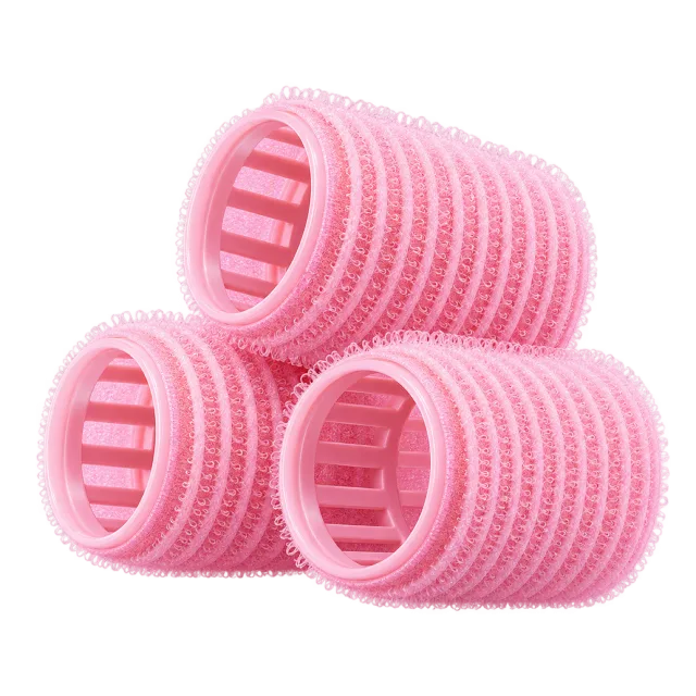 3D-style illustration of three pink mesh hair rollers