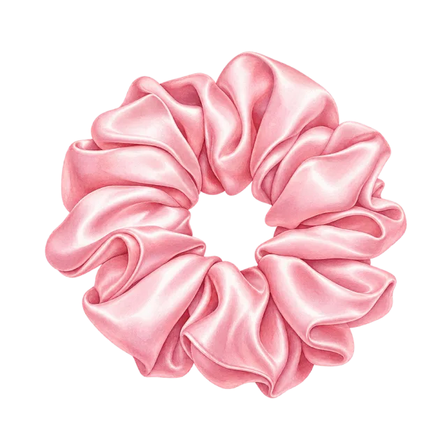 Watercolor-style illustration of pink satin scrunchie