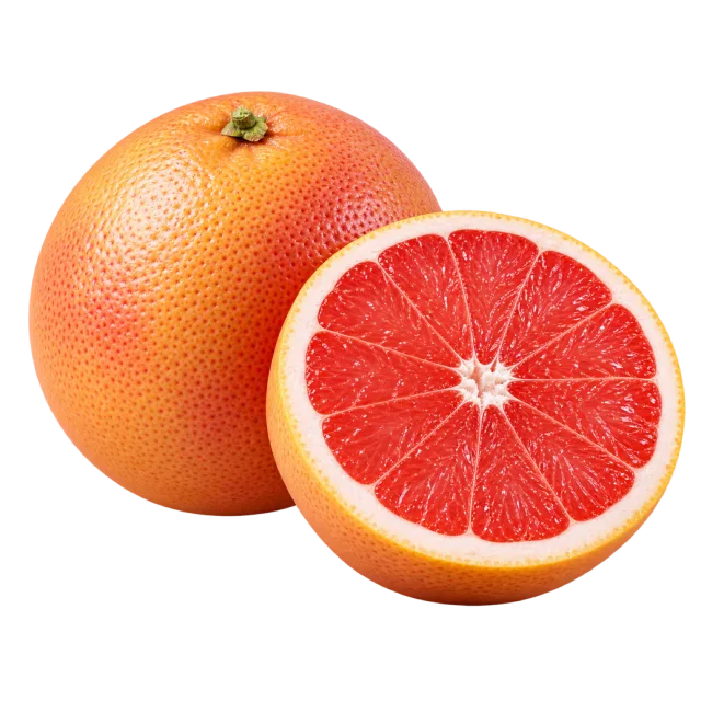 A whole grapefruit with orange-pink skin beside a half showing deep pink flesh