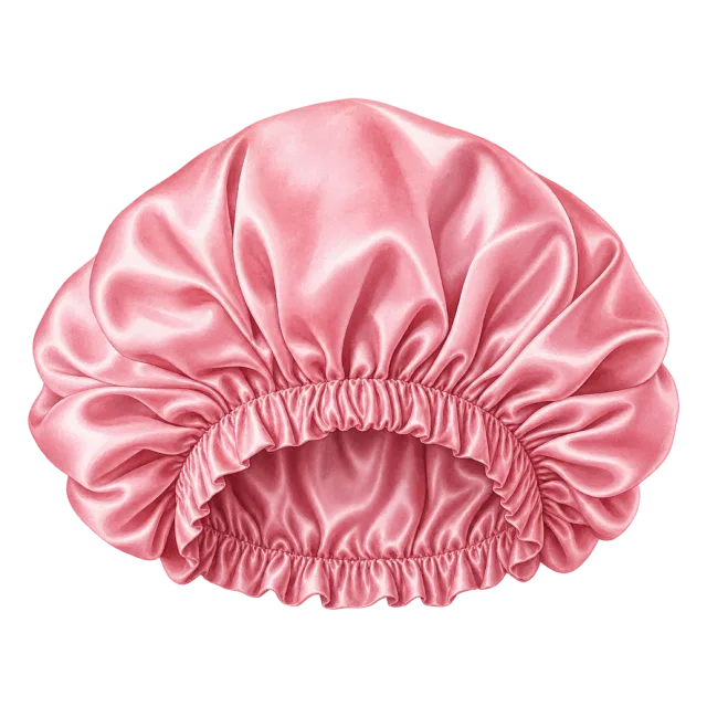Watercolor-style illustration of rose pink satin sleep bonnet