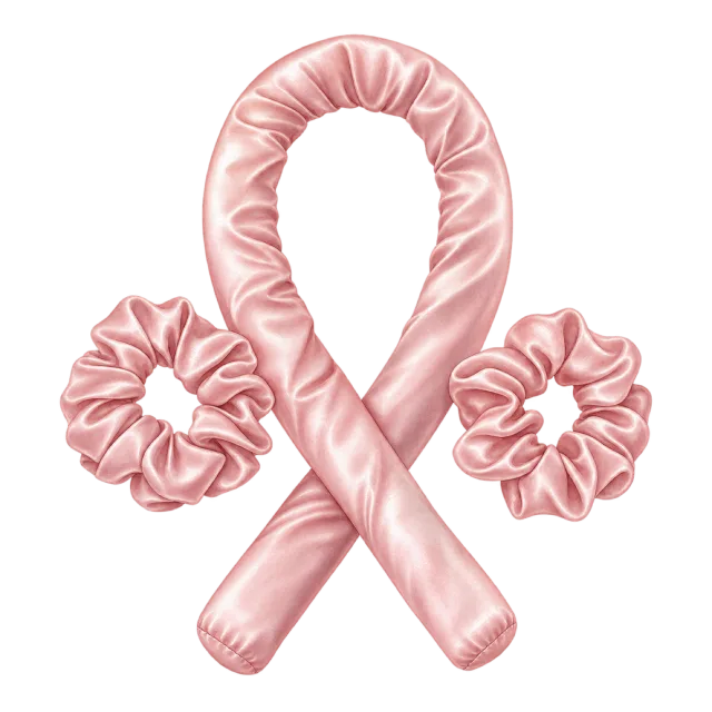 Watercolor-style illustration of heatless satin curling rod with two scrunchies