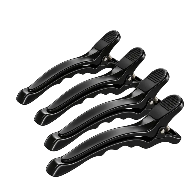 3D-style illustration of black salon hair sectioning clips set