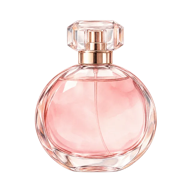 Watercolor-style illustration of round clear perfume bottle with pale pink fragrance