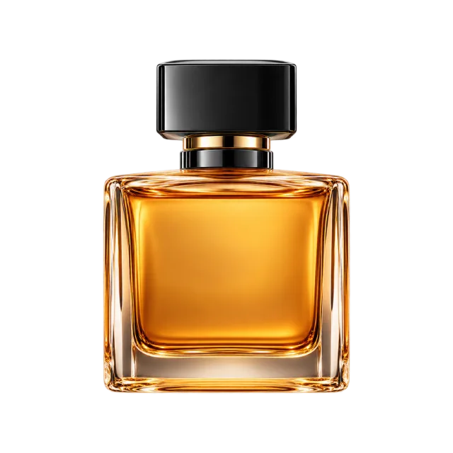 3D-style illustration of square amber perfume bottle with black cap