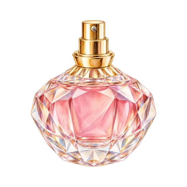 Watercolor-style illustration of faceted perfume bottle with atomizer