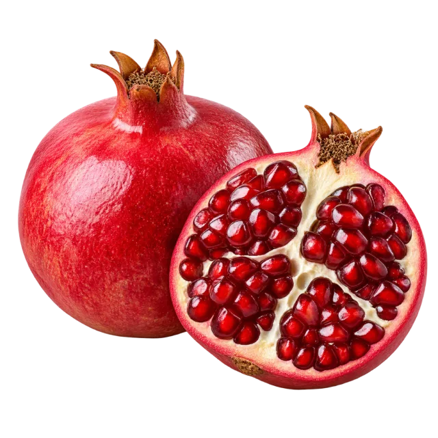 A red pomegranate beside a split half filled with glossy ruby-colored seeds