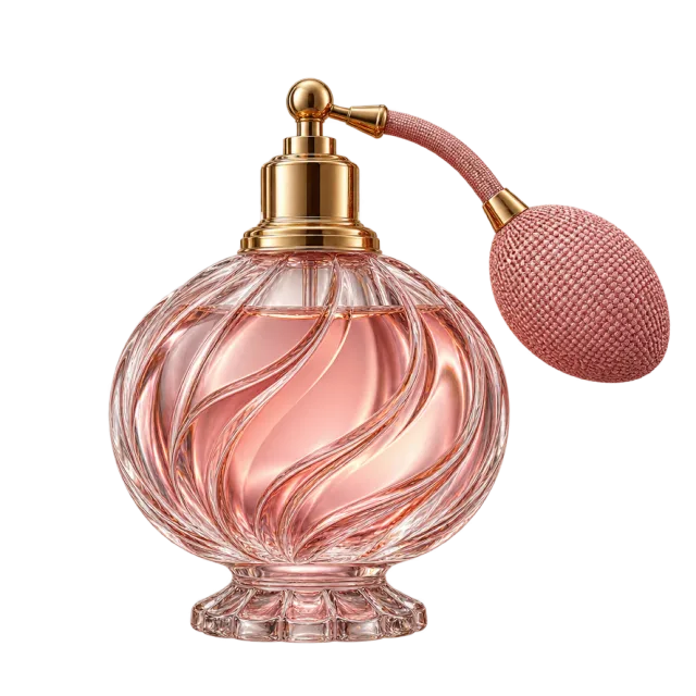 3D-style illustration of vintage perfume bottle with squeeze bulb