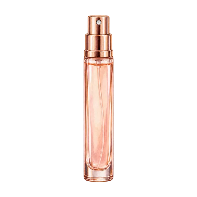 Watercolor-style illustration of slim travel perfume spray in rose gold