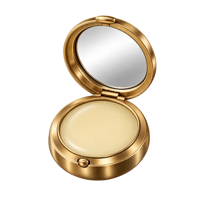 3D-style illustration of solid perfume in open brass compact