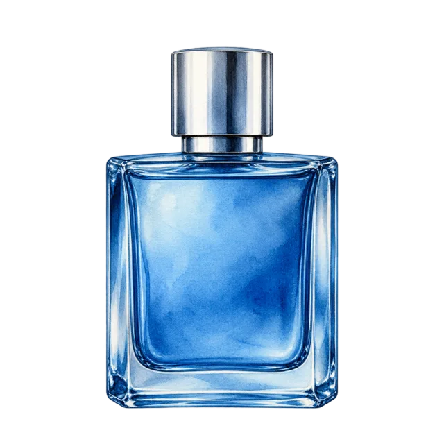 Watercolor-style illustration of blue cologne bottle with silver cap