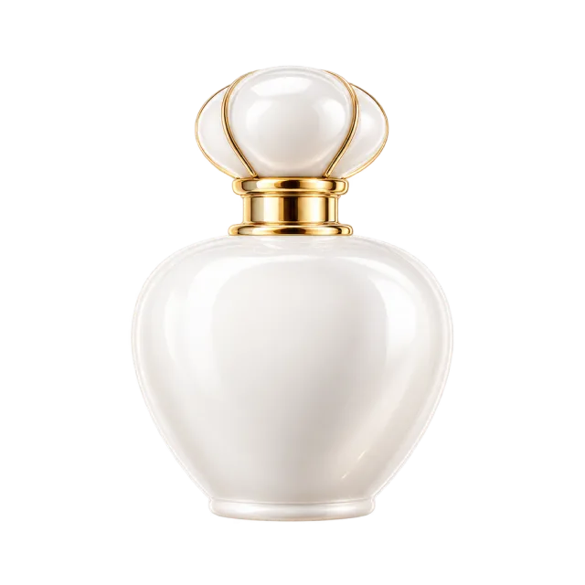 3D-style illustration of white ceramic perfume bottle with gold collar
