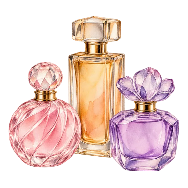 Watercolor-style illustration of miniature perfume collection of three bottles