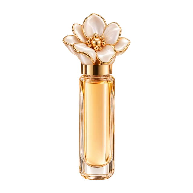 3D-style illustration of perfume oil rollerball bottle with floral cap