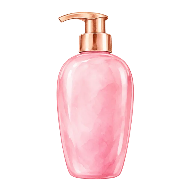 Watercolor-style illustration of pink body lotion pump bottle