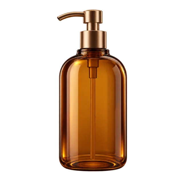 3D-style illustration of amber body wash pump bottle