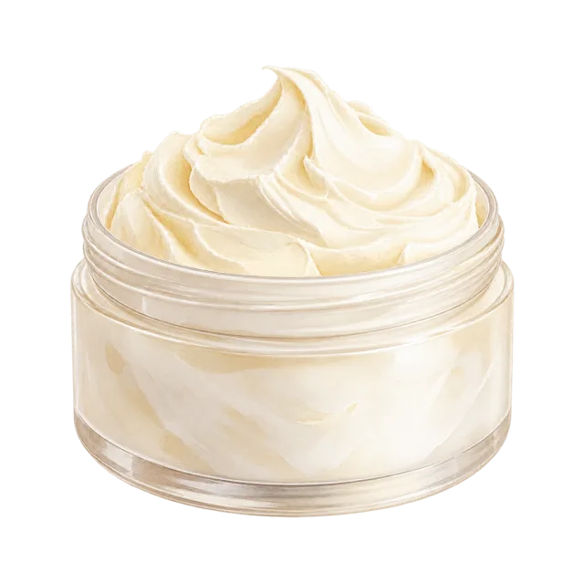 Watercolor-style illustration of white whipped body butter in open tub