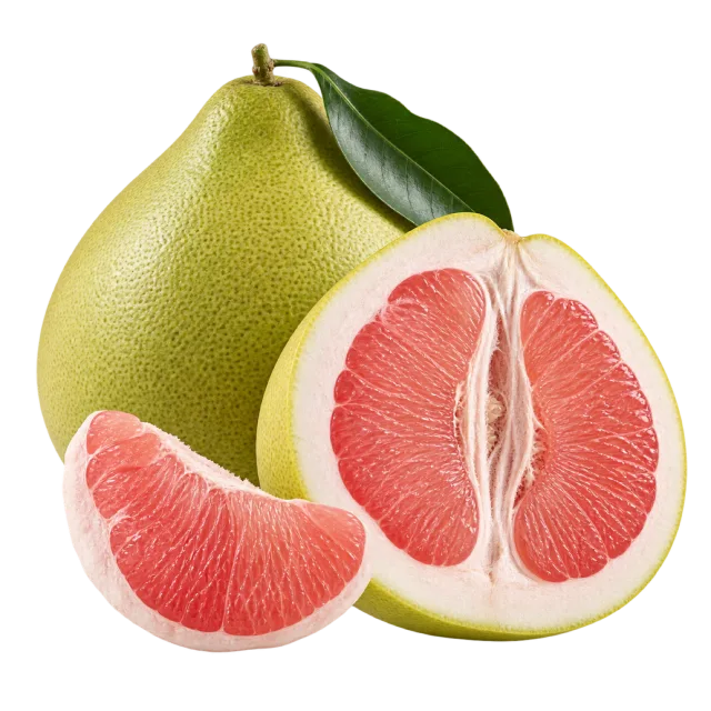 A green pomelo with a leaf beside a pink cut half and a peeled citrus segment
